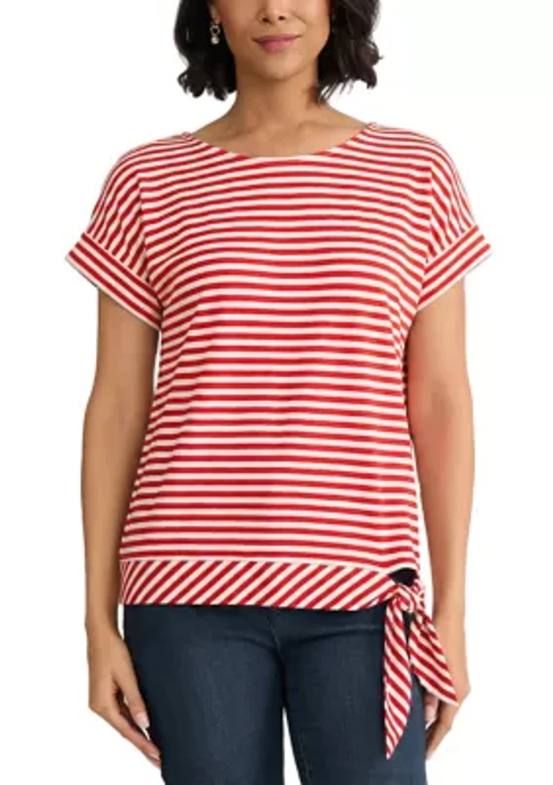 Women's Dolman Short Sleeve Striped Side Tie Pique Shirt