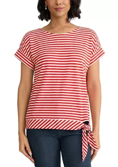 Women's Dolman Short Sleeve Striped Side Tie Pique Shirt