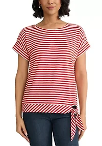 Women's Dolman Short Sleeve Striped Side Tie Pique Shirt