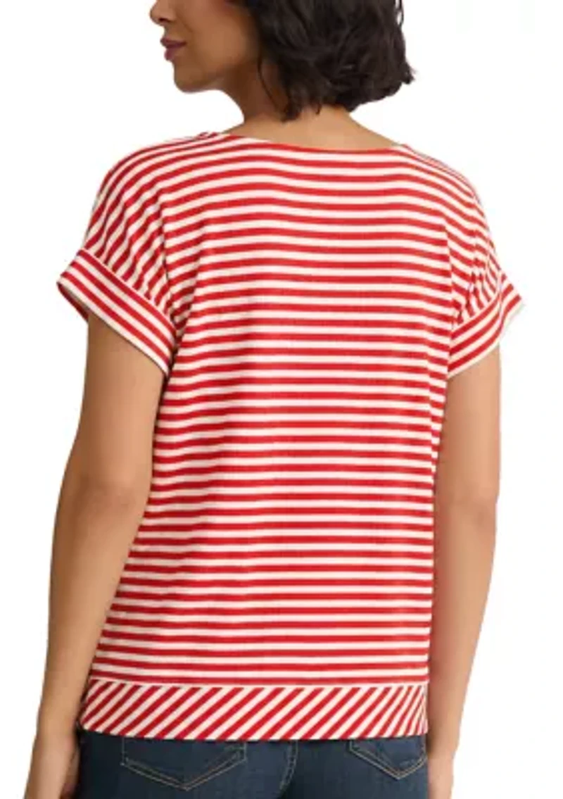 Women's Dolman Short Sleeve Striped Side Tie Pique Shirt