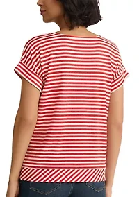 Women's Dolman Short Sleeve Striped Side Tie Pique Shirt
