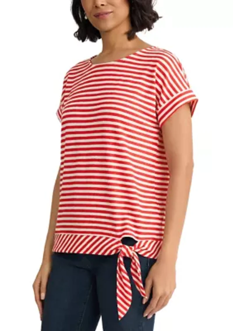 Women's Dolman Short Sleeve Striped Side Tie Pique Shirt