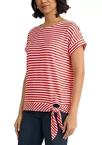 Women's Dolman Short Sleeve Striped Side Tie Pique Shirt