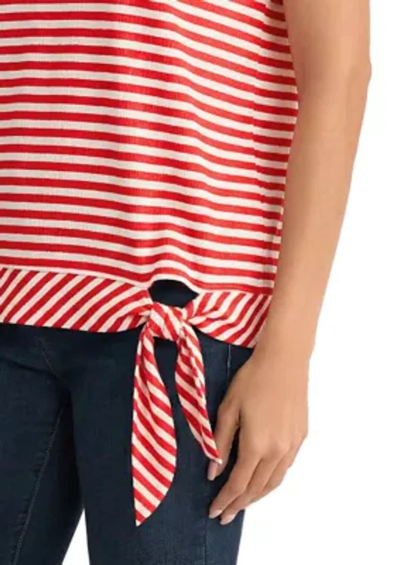 Women's Dolman Short Sleeve Striped Side Tie Pique Shirt