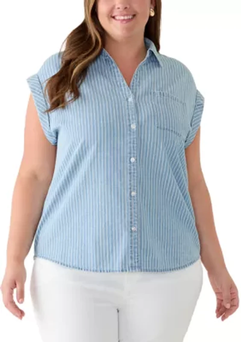 Plus Button Front Short Sleeve Chambray Blouse