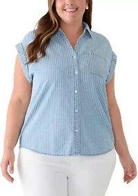 Plus Button Front Short Sleeve Chambray Blouse