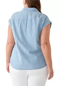 Plus Button Front Short Sleeve Chambray Blouse