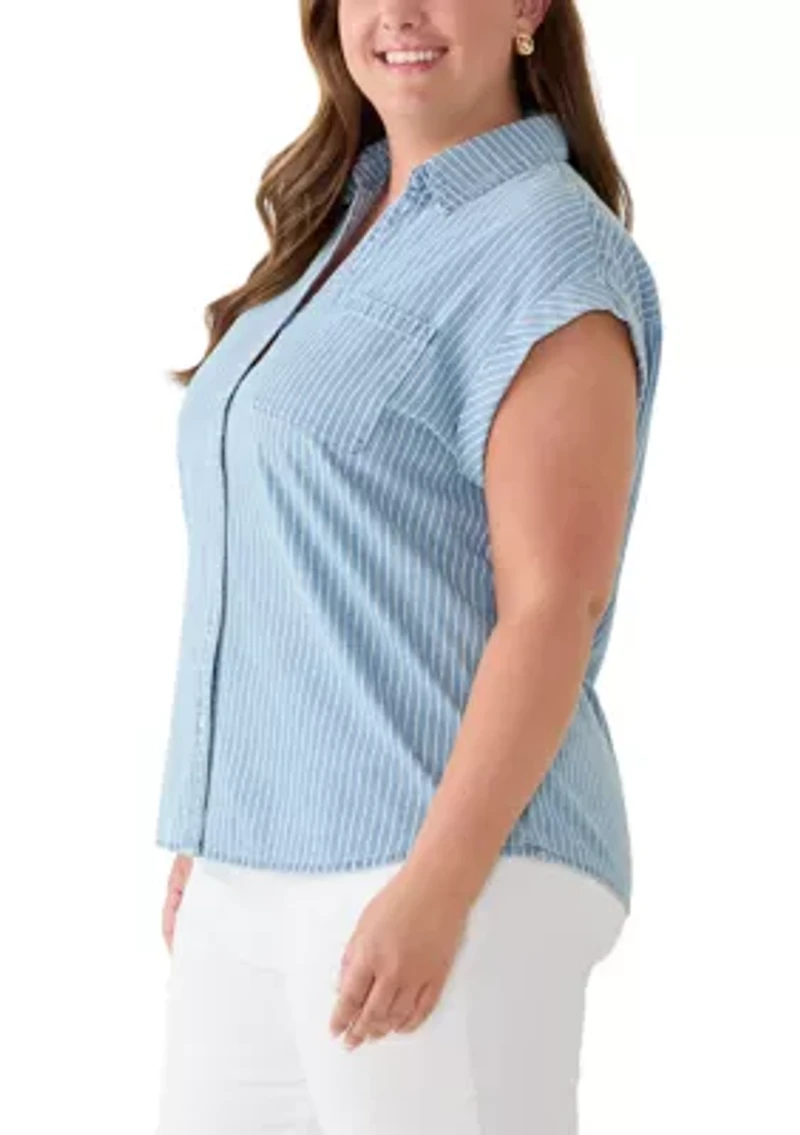 Plus Button Front Short Sleeve Chambray Blouse