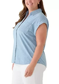 Plus Button Front Short Sleeve Chambray Blouse