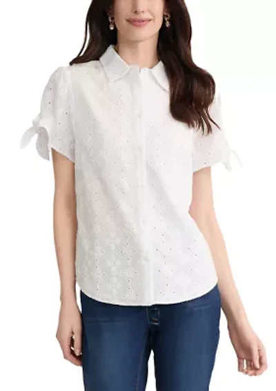 Petite Short Sleeve Button Front Blouse