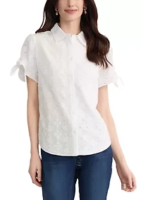 Petite Short Sleeve Button Front Blouse