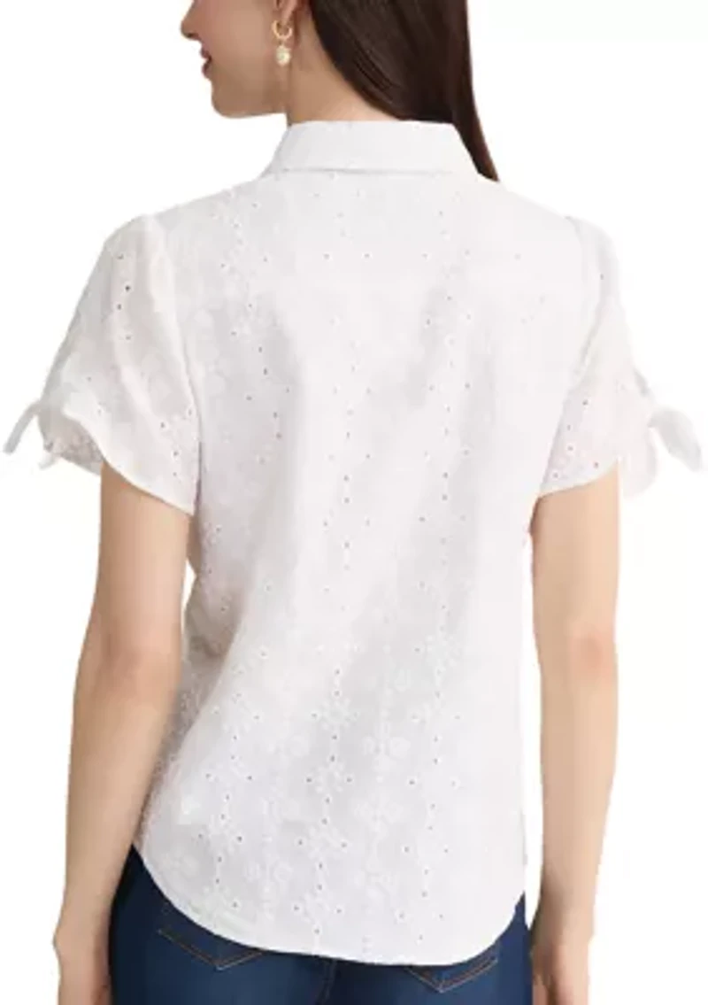 Petite Short Sleeve Button Front Blouse