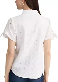 Petite Short Sleeve Button Front Blouse