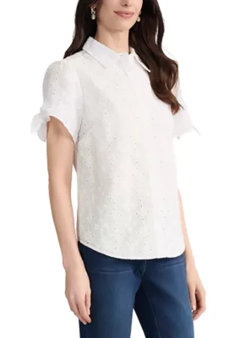 Petite Short Sleeve Button Front Blouse