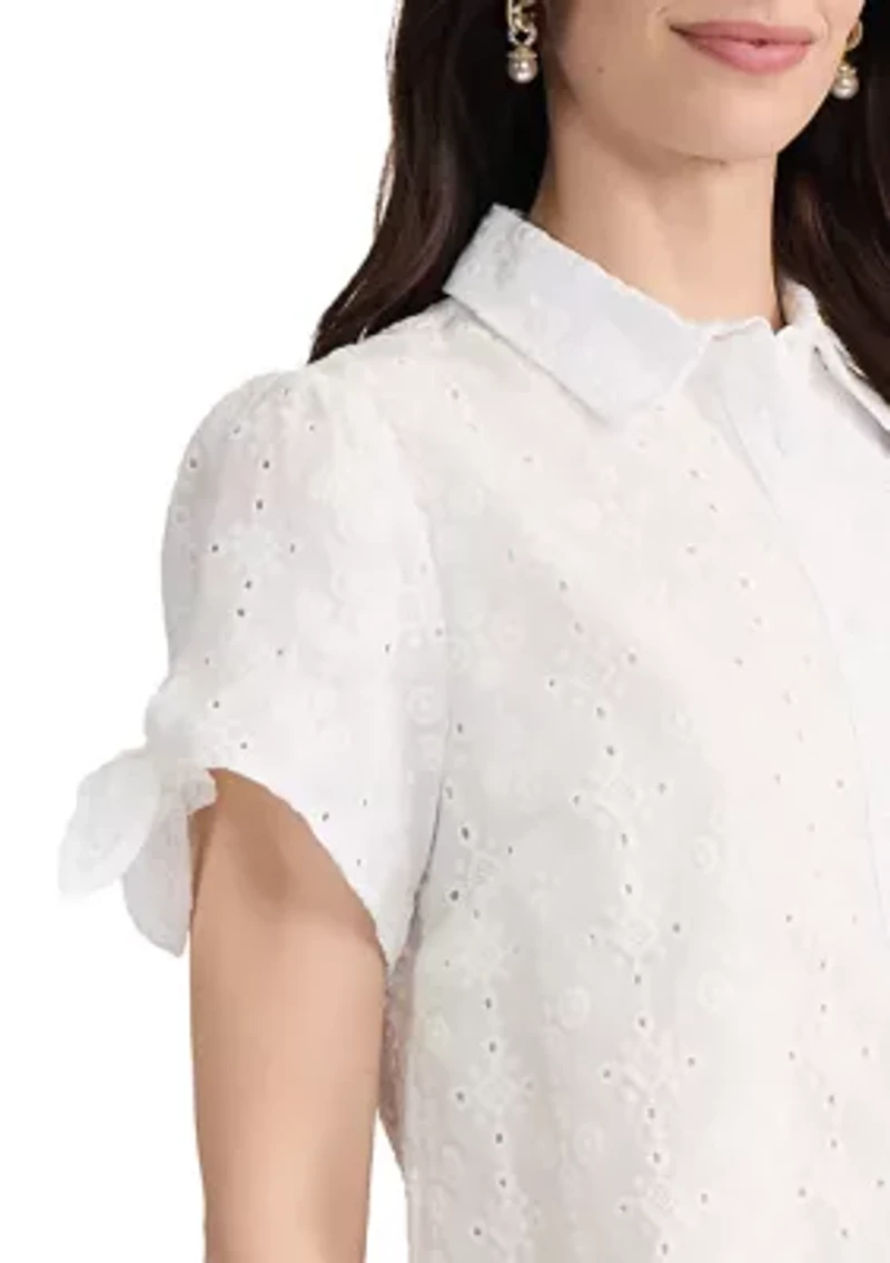 Petite Short Sleeve Button Front Blouse