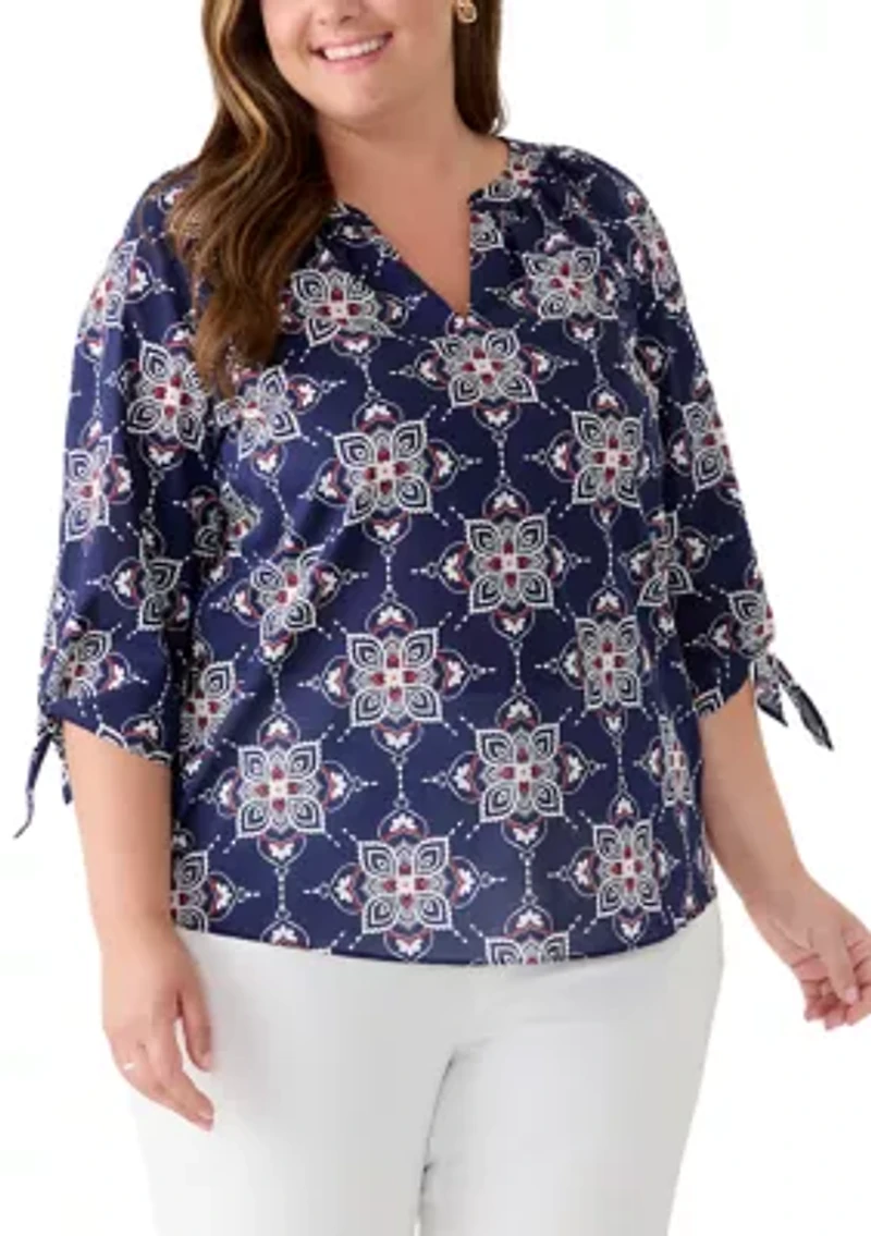 Plus Raglan Tie Sleeve V-Neck Voile Top