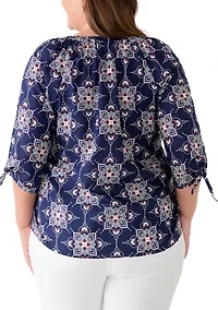 Plus Raglan Tie Sleeve V-Neck Voile Top