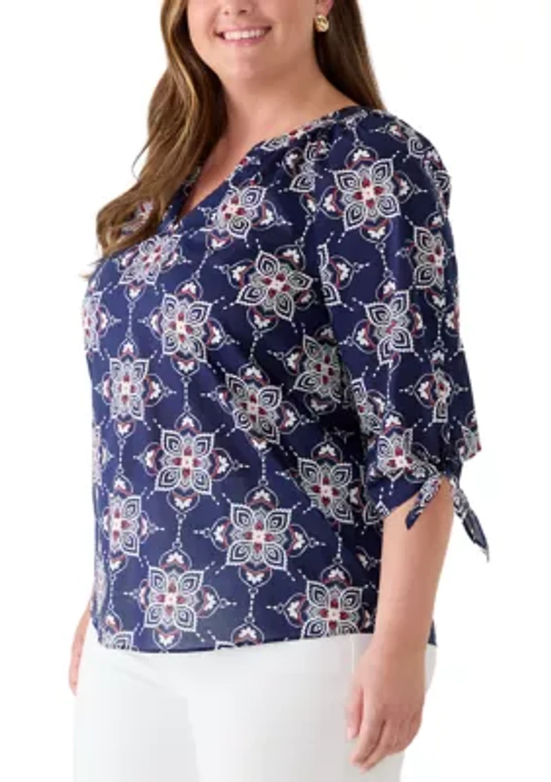 Plus Raglan Tie Sleeve V-Neck Voile Top