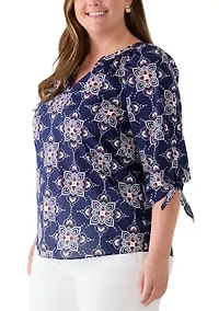 Plus Raglan Tie Sleeve V-Neck Voile Top