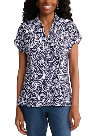 Women's Cap Sleeve Button Front Leaf Print Top
