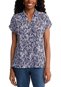 Women's Cap Sleeve Button Front Leaf Print Top