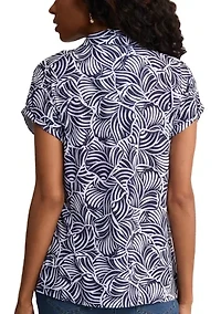 Women's Cap Sleeve Button Front Leaf Print Top