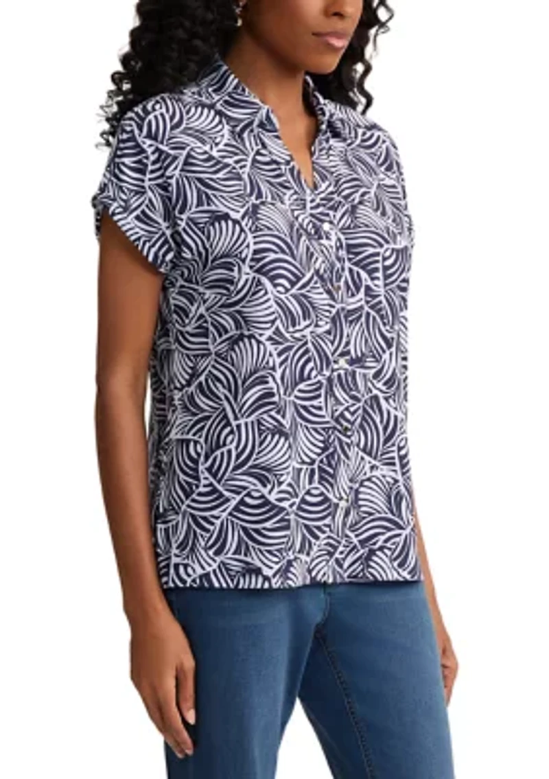 Women's Cap Sleeve Button Front Leaf Print Top