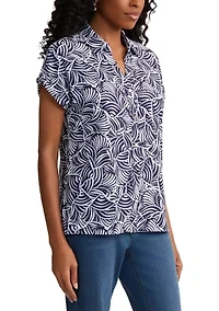Women's Cap Sleeve Button Front Leaf Print Top