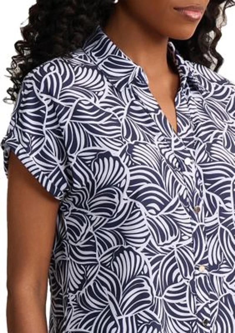 Women's Cap Sleeve Button Front Leaf Print Top