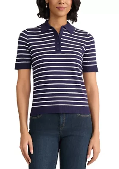 Petite Short Sleeve Striped Polo Sweater