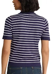 Petite Short Sleeve Striped Polo Sweater