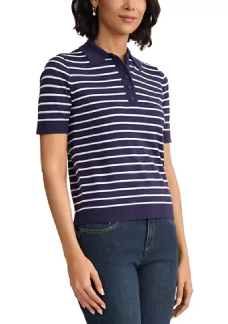 Petite Short Sleeve Striped Polo Sweater