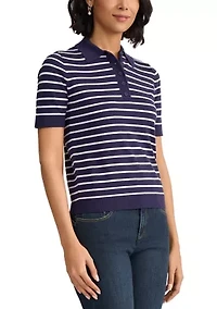 Petite Short Sleeve Striped Polo Sweater