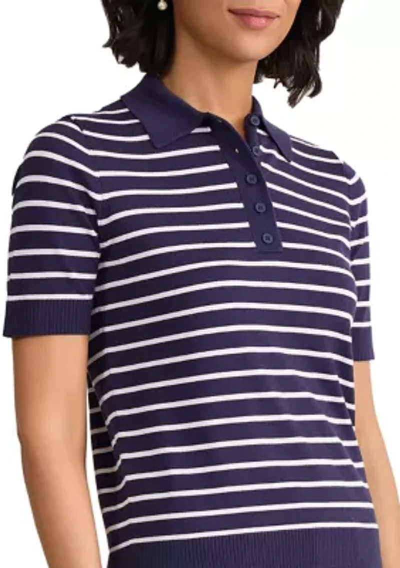 Petite Short Sleeve Striped Polo Sweater