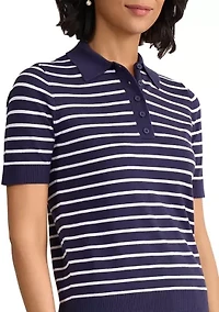 Petite Short Sleeve Striped Polo Sweater