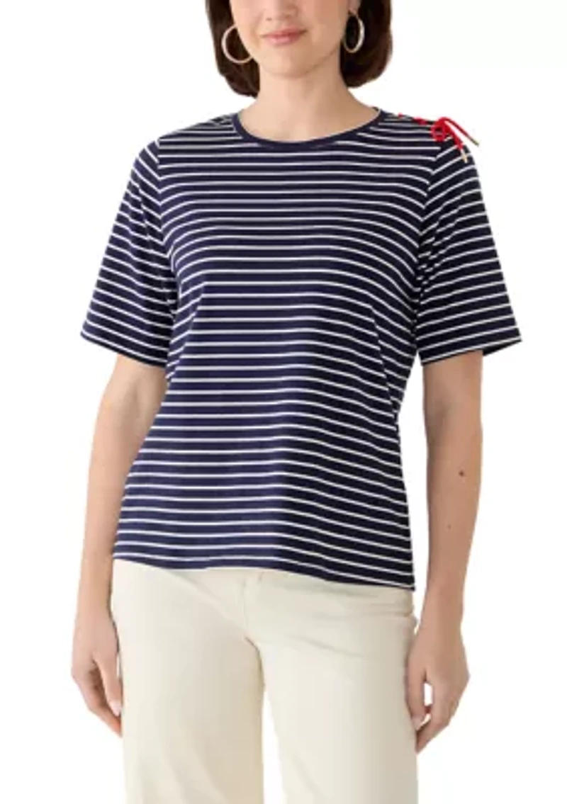 Women's Short Sleeve Striped Shirt with Laced Shoulder Detail