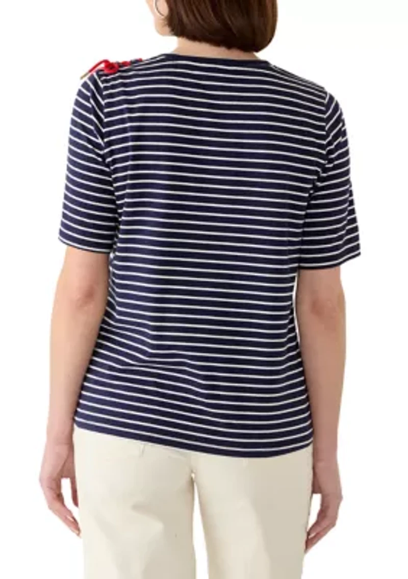 Women's Short Sleeve Striped Shirt with Laced Shoulder Detail