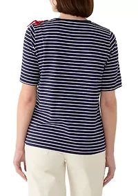 Women's Short Sleeve Striped Shirt with Laced Shoulder Detail