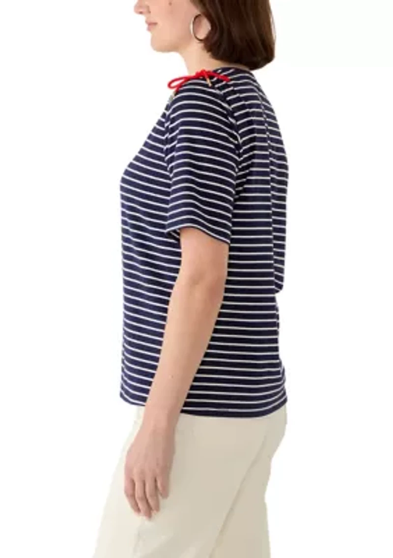 Women's Short Sleeve Striped Shirt with Laced Shoulder Detail