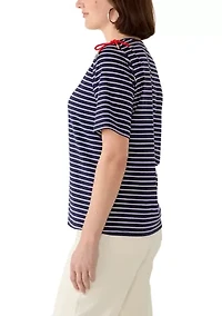 Women's Short Sleeve Striped Shirt with Laced Shoulder Detail