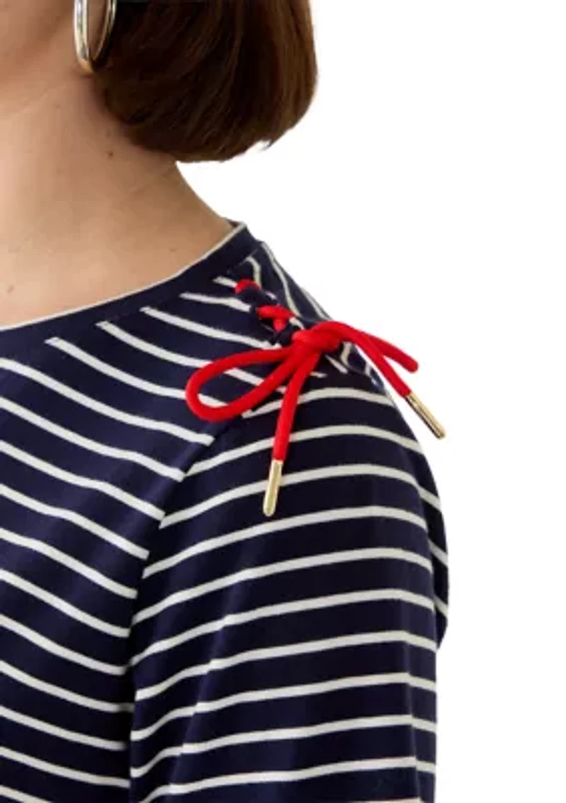 Women's Short Sleeve Striped Shirt with Laced Shoulder Detail