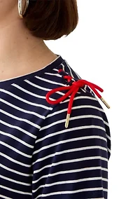 Women's Short Sleeve Striped Shirt with Laced Shoulder Detail