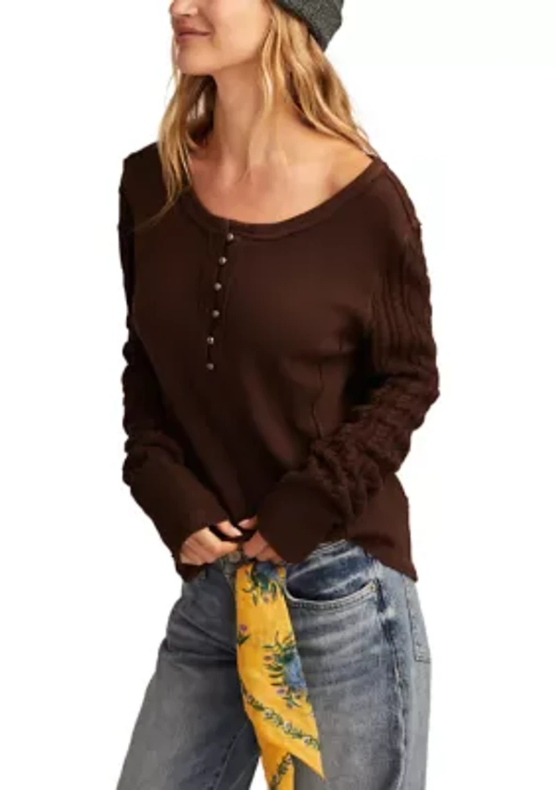 Women's Textured Mixed Sleeve Henley Shirt
