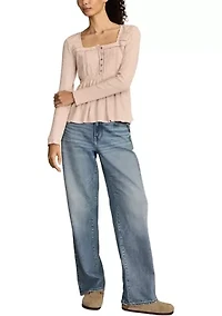 Women's Embroidered Peplum Long Sleeve Top