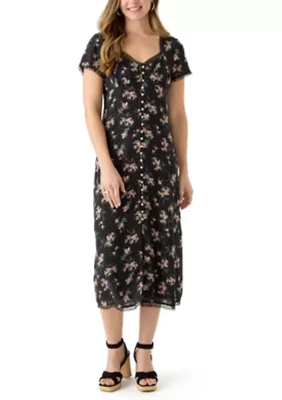 Women's Lace Trimmed Printed Midi Dress