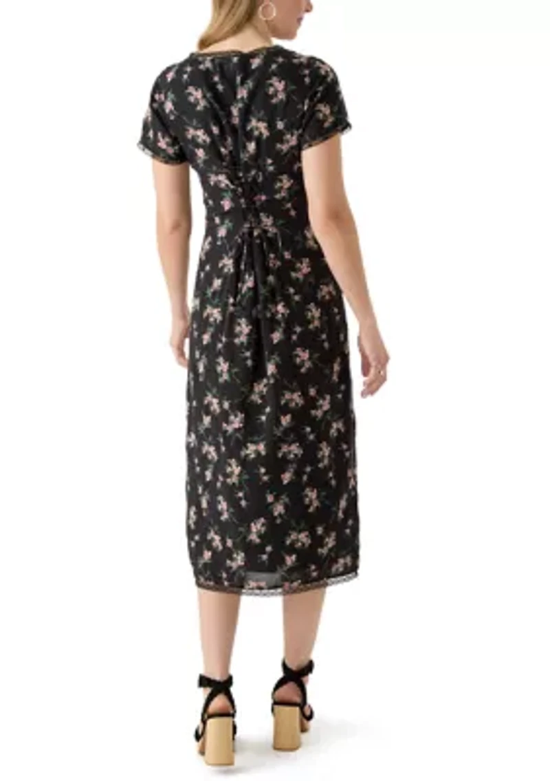 Women's Lace Trimmed Printed Midi Dress