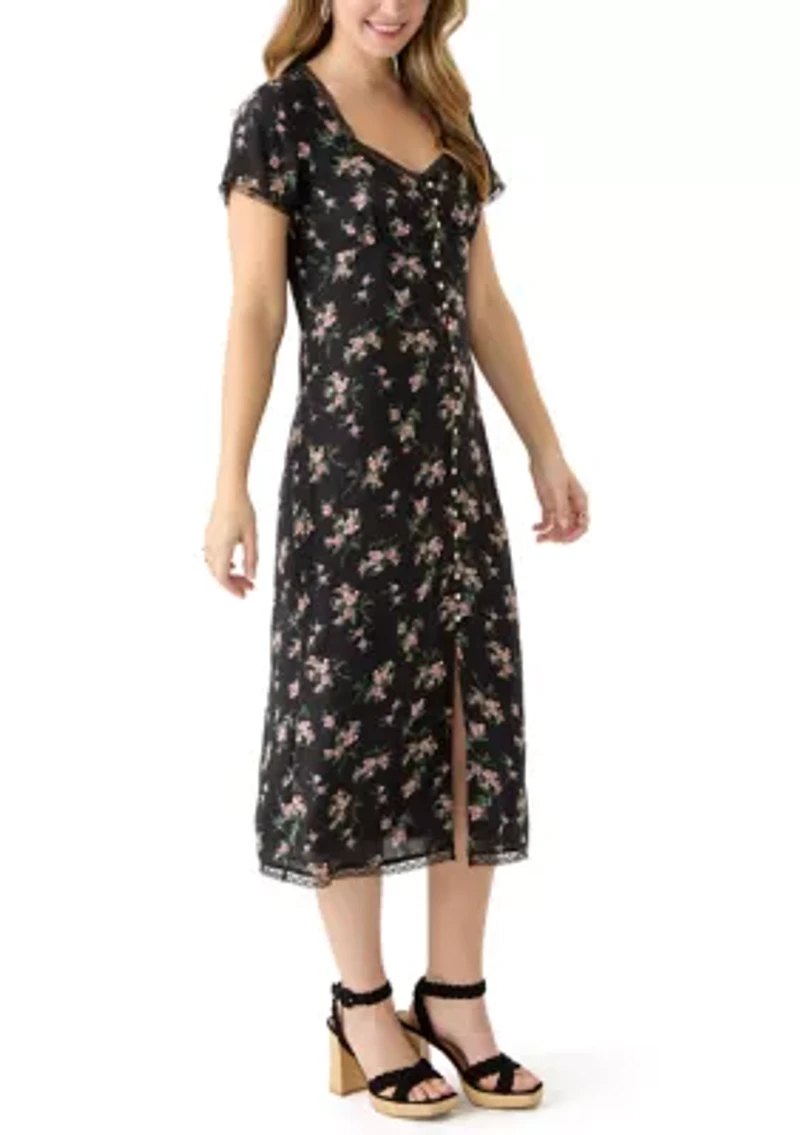 Women's Lace Trimmed Printed Midi Dress