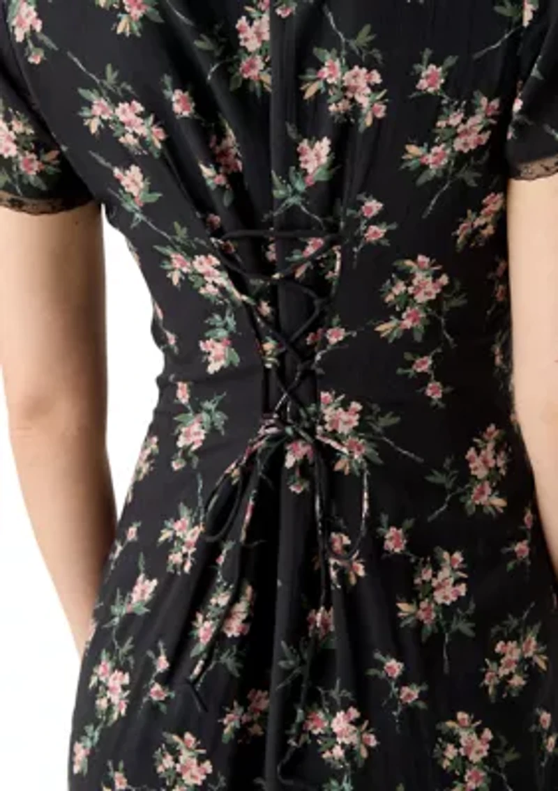 Women's Lace Trimmed Printed Midi Dress