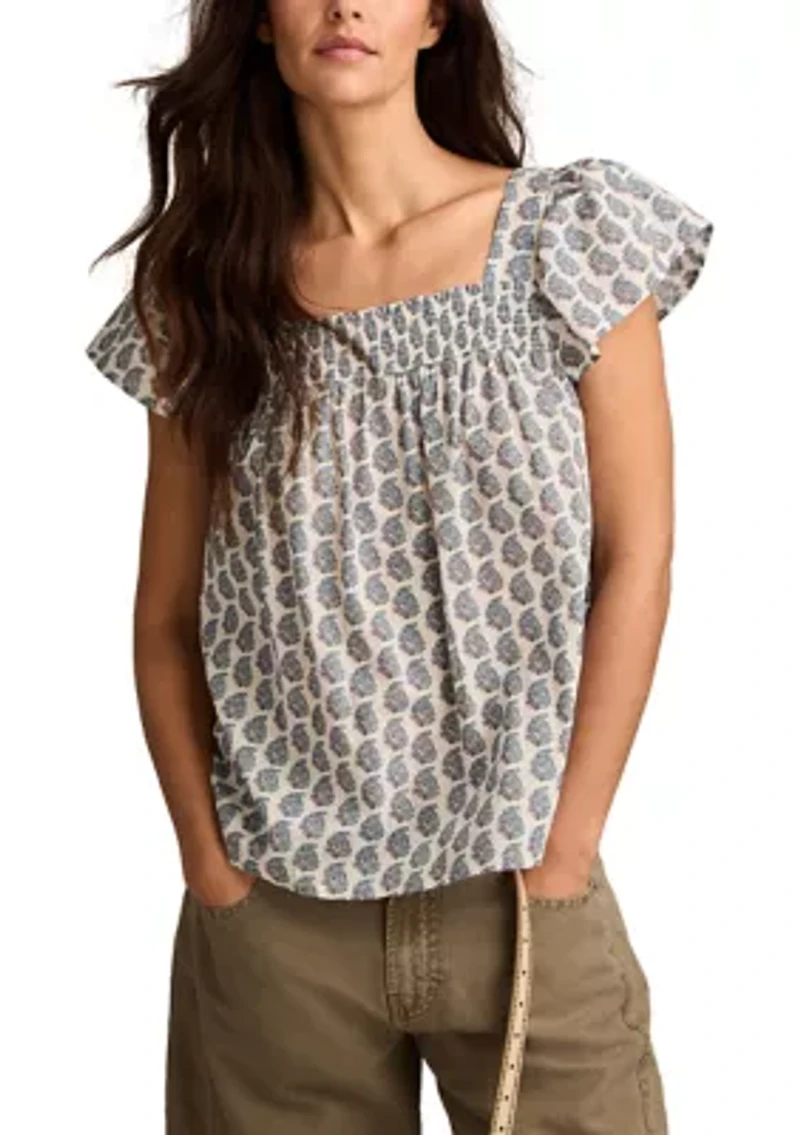 Women's Smocked Square Neck Printed Peasant Top