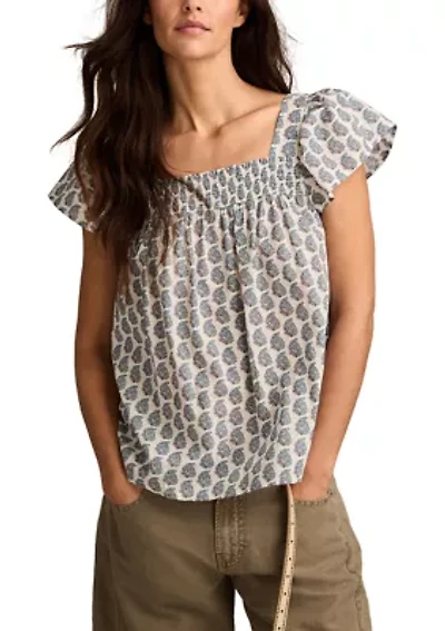 Women's Smocked Square Neck Printed Peasant Top